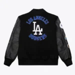 Front view LA Dodgers black vintage varsity jacket photo.