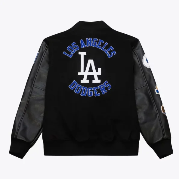 Back view of LA Dodgers black vintage varsity jacket.