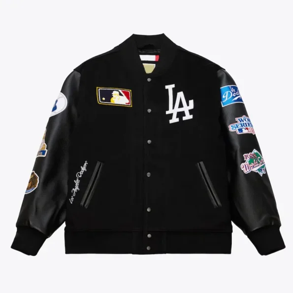 Front view of LA Dodgers black vintage varsity jacket.