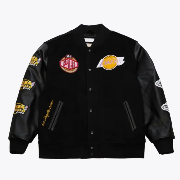 Front view of LA Lakers Black Vintage Varsity Jacket