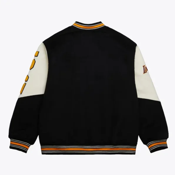 Back view of LA Lakers vintage logo varsity jacket.