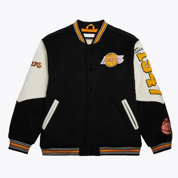 Front view of LA Lakers vintage logo varsity jacket.