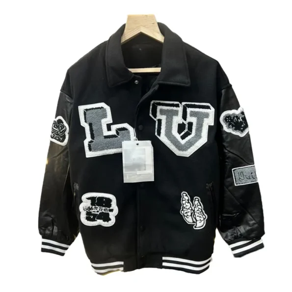 Front view of LV Bunny Black Varsity Jacket