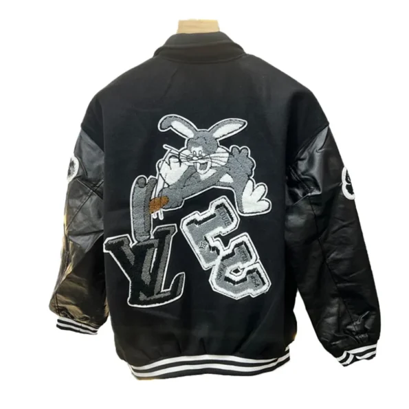 Back view of LV Bunny Black Varsity Jacket