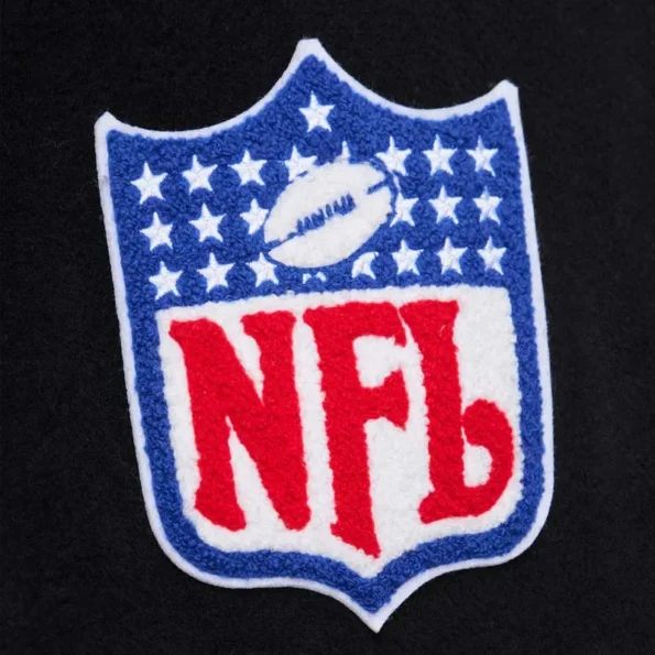 Zoomed view of Miami Dolphins black vintage varsity jacket details.