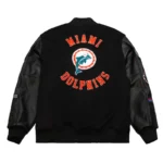Front view Miami Dolphins black vintage varsity jacket photo.