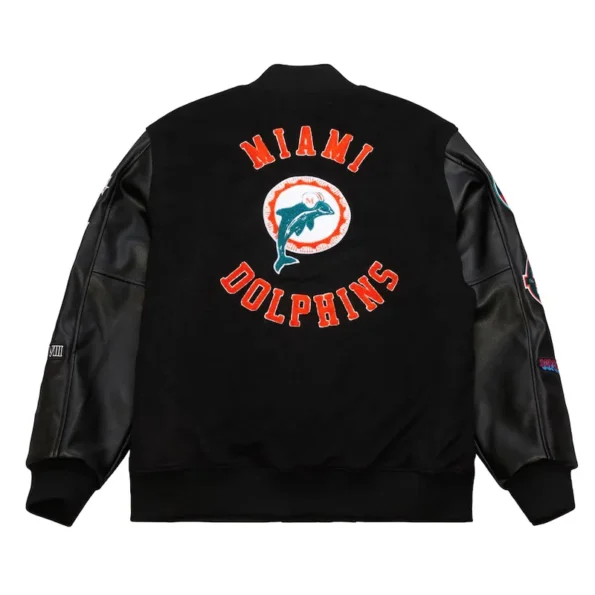 Back view of Miami Dolphins black vintage varsity jacket.
