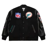 Front view of Miami Dolphins black vintage varsity jacket.