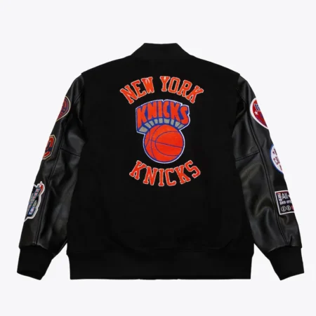 Back view of NY Knicks Black Team Logo Varsity Jacket