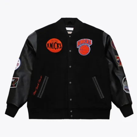 Front view of NY Knicks Black Team Logo Varsity Jacket