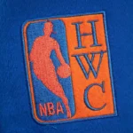 Front view NY Knicks team history varsity jacket photo.