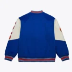 Front view NY Knicks team history varsity jacket photo.