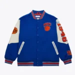 Front view of NY Knicks team history varsity jacket.