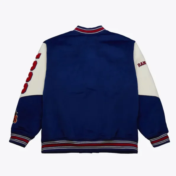 Back view of NY Rangers vintage logo varsity jacket.