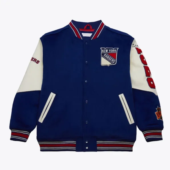 Front view of NY Rangers vintage logo varsity jacket.