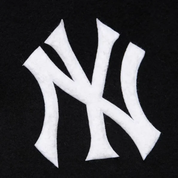 Zoomed view of NY Yankees black vintage varsity jacket details.