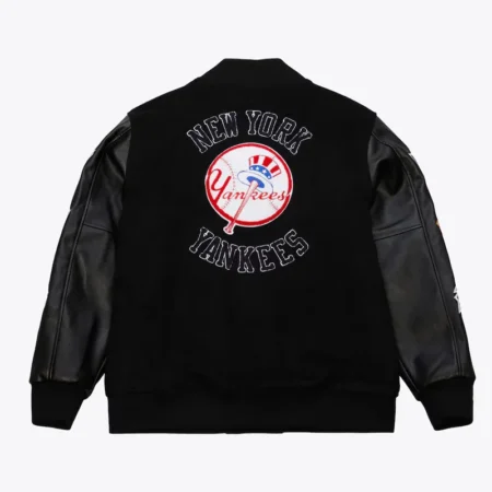 Back view of NY Yankees black vintage varsity jacket.