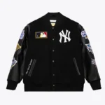 Front view of NY Yankees black vintage varsity jacket.