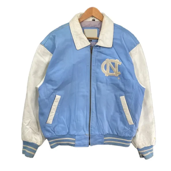 Front view of North Carolina Blue Varsity Leather Jacket