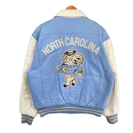 Back view of North Carolina Blue Varsity Leather Jacket