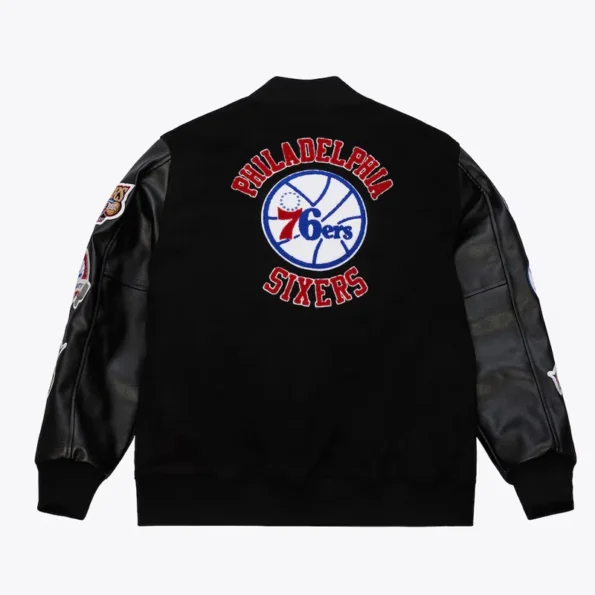 Back view of Philadelphia 76ers Black Varsity Jacket