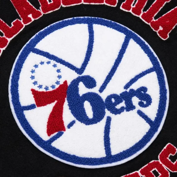 Close-up details of Philadelphia 76ers Black Varsity Jacket