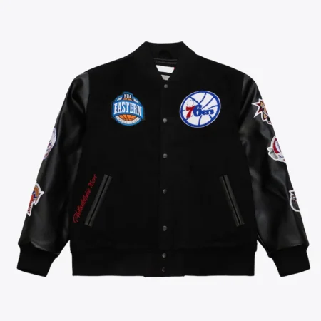 Front view of Philadelphia 76ers Black Varsity Jacket