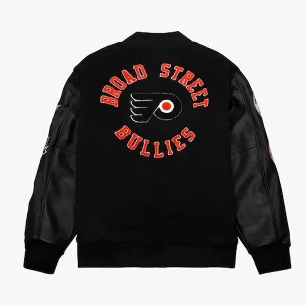 Back view of Philadelphia Flyers black varsity jacket.