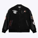 Front view of Philadelphia Flyers black varsity jacket.