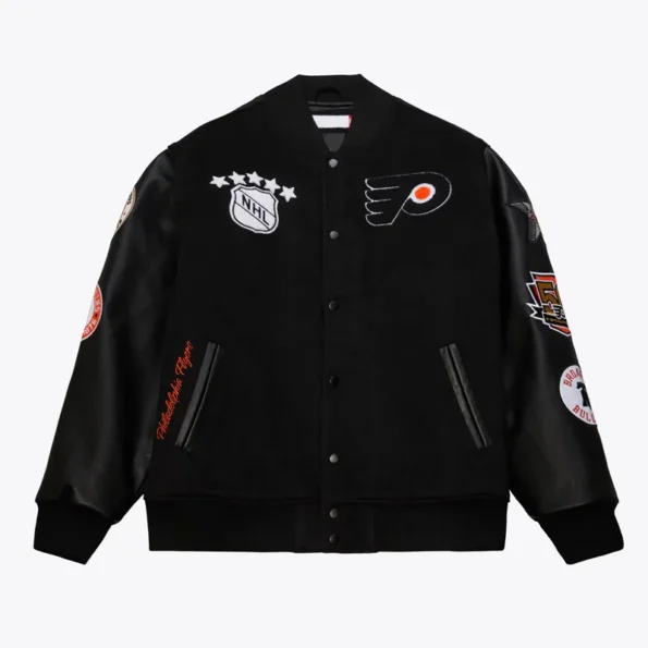 Front view of Philadelphia Flyers black varsity jacket.