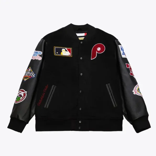 Front view of Philadelphia Phillies Black Varsity Jacket