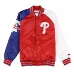 Front view of Philadelphia Phillies varsity satin jacket.