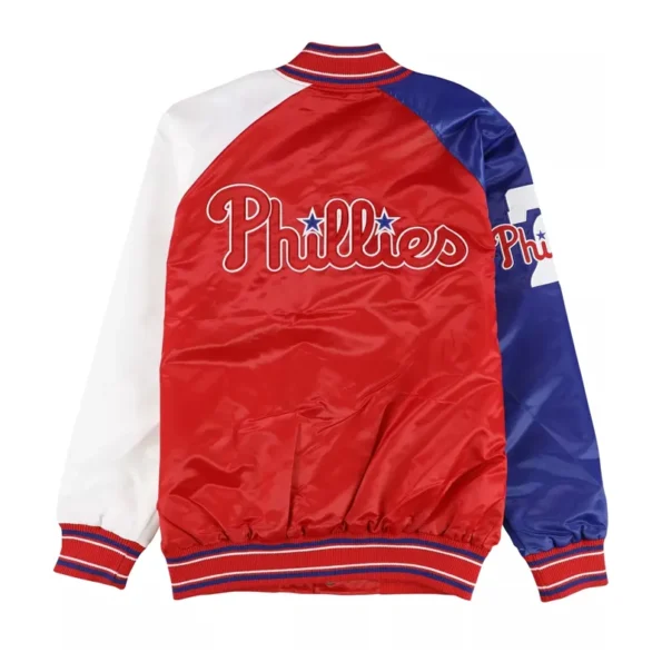 Back view of Philadelphia Phillies varsity satin jacket.