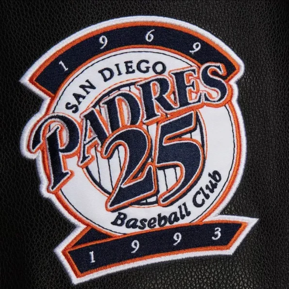 Zoomed view of San Diego Padres vintage varsity jacket details.