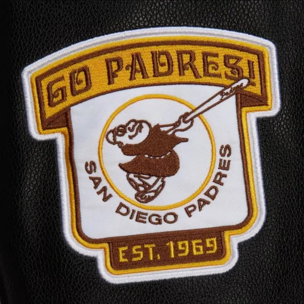 Zoomed view of San Diego Padres vintage varsity jacket details.