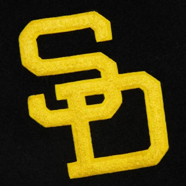 Zoomed view of San Diego Padres vintage varsity jacket details.