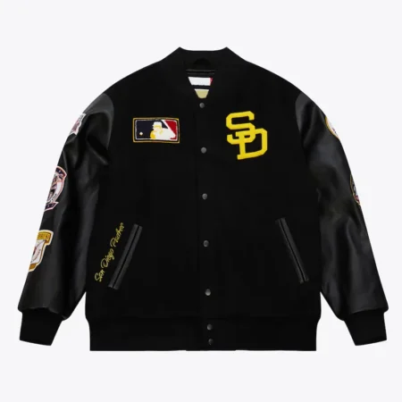 Front view of San Diego Padres vintage varsity jacket.