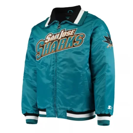 Front view of San Jose Sharks Captain varsity jacket.