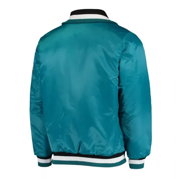 Back view of San Jose Sharks Captain varsity jacket.