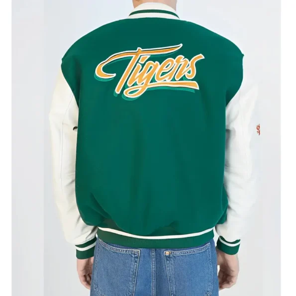 Back view of model in Stranger Things Hawkins Varsity Jacket