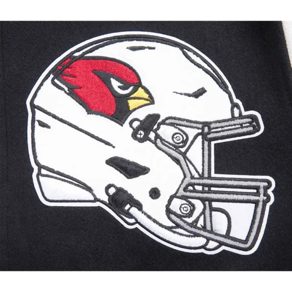 Close-up of Arizona Cardinals mashup varsity jacket embroidery.