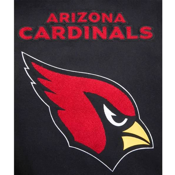 Close-up of Arizona Cardinals mashup varsity jacket embroidery.