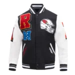 Front view of Arizona Cardinals mashup varsity jacket.