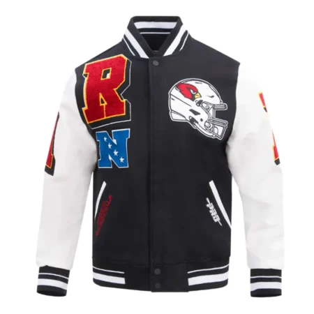 Front view of Arizona Cardinals mashup varsity jacket.