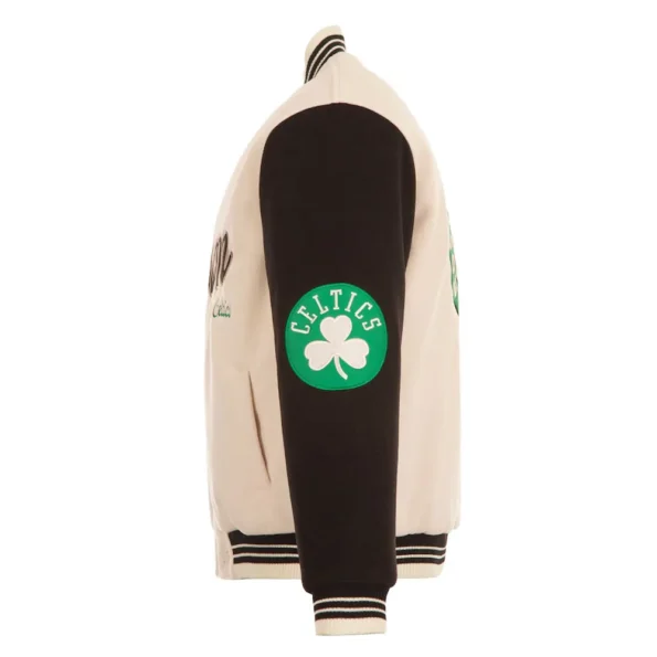 Side view of Boston Celtics cream varsity jacket.