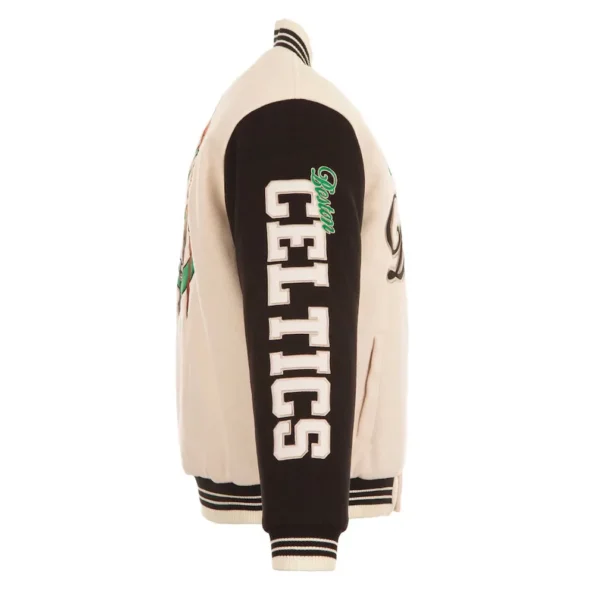 Side view of Boston Celtics cream varsity jacket.