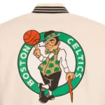 Front view Boston Celtics cream varsity jacket photo.