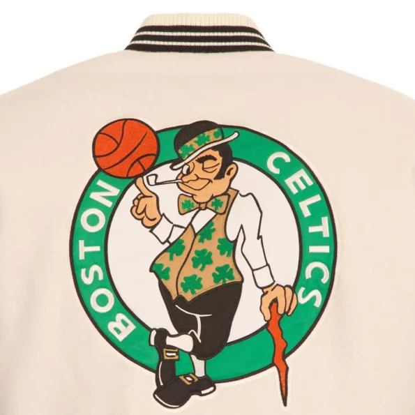 Close-up of Boston Celtics cream varsity jacket embroidery.