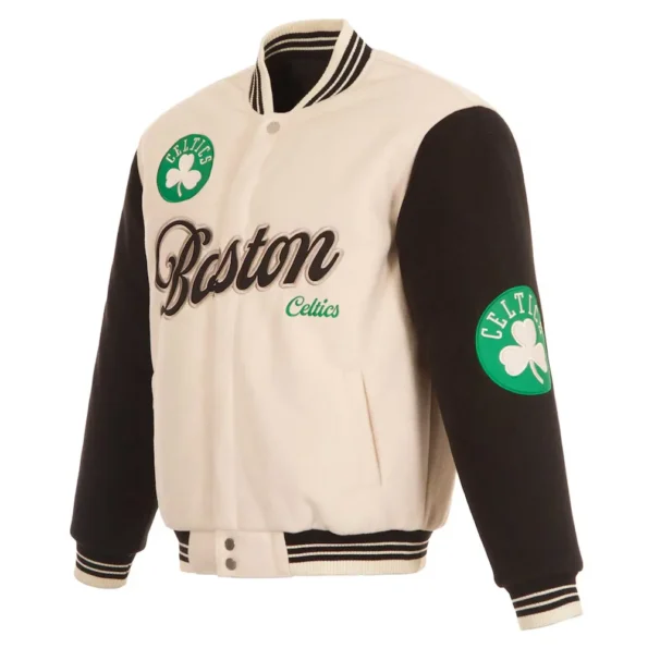 Front view of Boston Celtics cream varsity jacket.