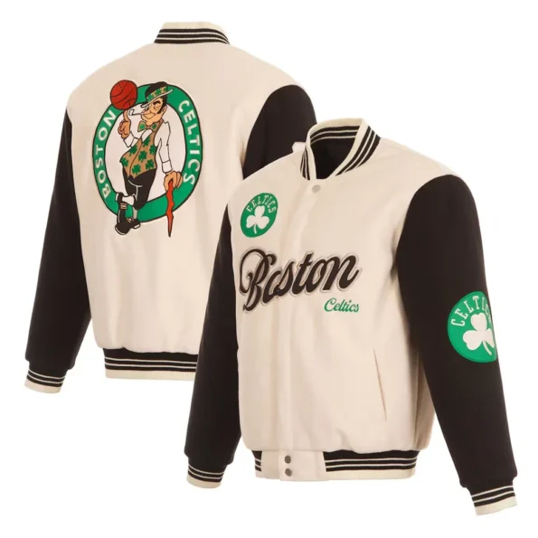 Model wearing Boston Celtics cream varsity jacket front and back.